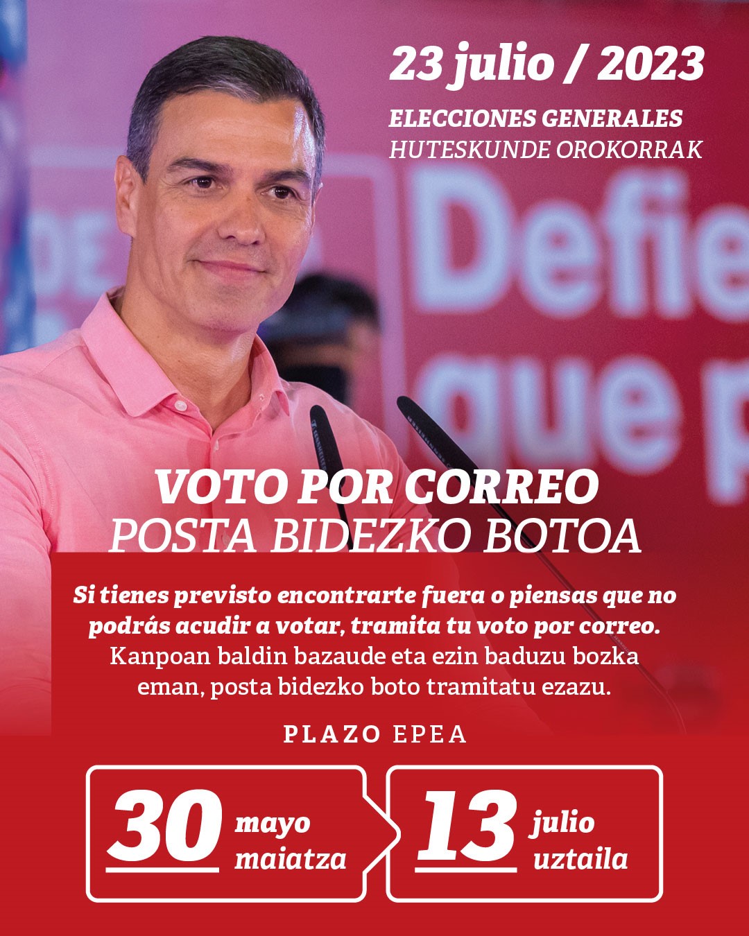 El 30 de mayo se ha abierto el plazo para solicitar el voto por correo. Si estás interesado en ejercerlo, l@s socialistas te ayudamos a tramitarlo. 