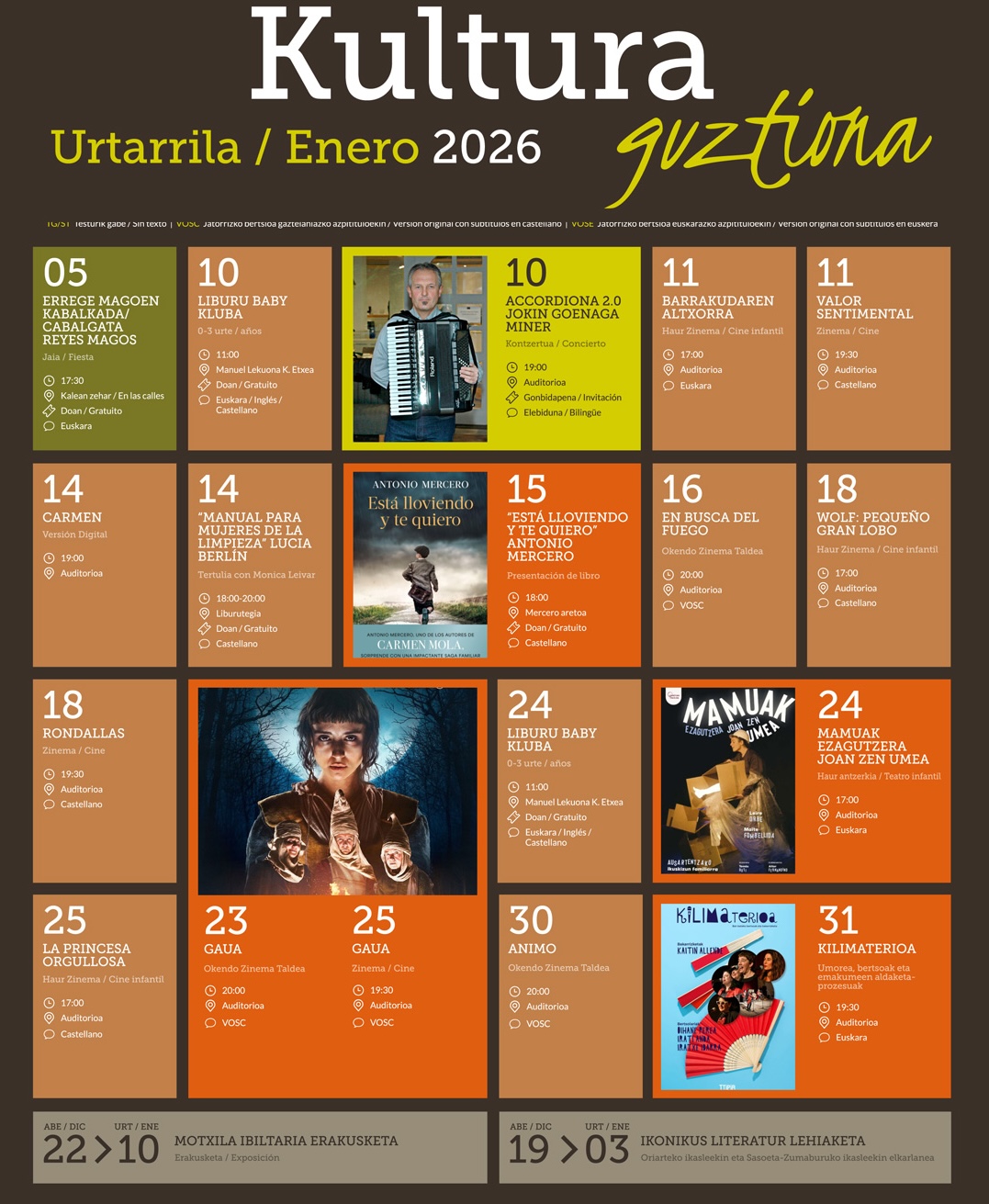 2026ko urtarrileko kultur programazioak musika, literatura, zinema eta antzerkia uztartzen ditu, euskararen protagonismo nabarmenarekin